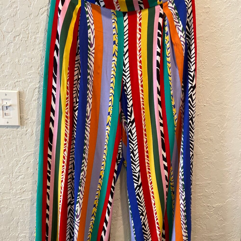 Eloquii Striped Wide Leg Pants Multicolored Pink Elastic Waist Travel Women 16
